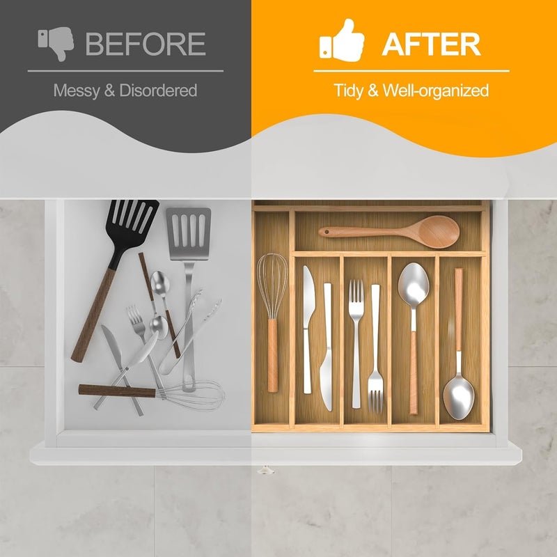 FoverOne Bamboo Silverware Organizer Drawer Tray, 7-Compartment Utensil Drawer Organizer for Kitchen & Office, Flatware Holder for Forks, Spoons, Cutlery - Image 3